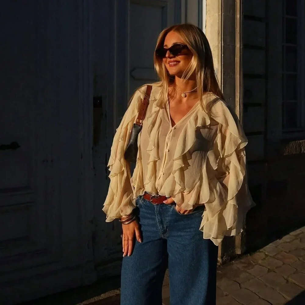 Tan Casual Women's Ruffle Trim Lantern Blouse Shirt - Picture 7 of 10